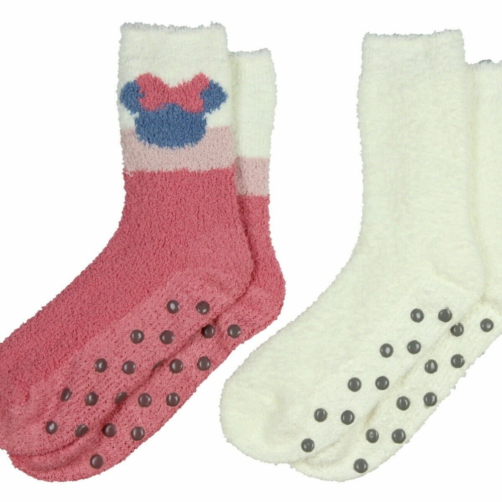 3- 2 Packs of Disney Minnie Mouse Mauv-E-Lous Super Soft Crew No-Slip Grip Socks